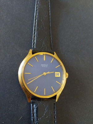 Miraz Swiss vintage men's wind-up watch NOS, gold plated, blue dial, leather strap 38mm