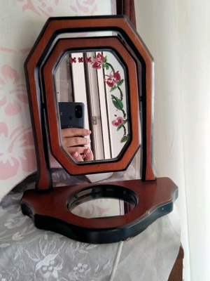Vintage octagonal tabletop mirror with handpainted Asian floral design