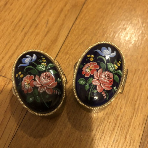 Vintage oval metal jewelry boxes handpainted, used, blue and gold, set of 2