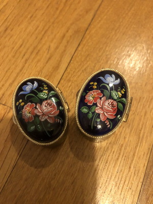 Vintage oval metal jewelry boxes handpainted, used, blue and gold, set of 2