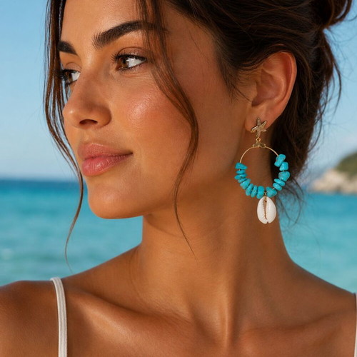 Handmade earrings with turquoise stone, metal starfish and natural white shell