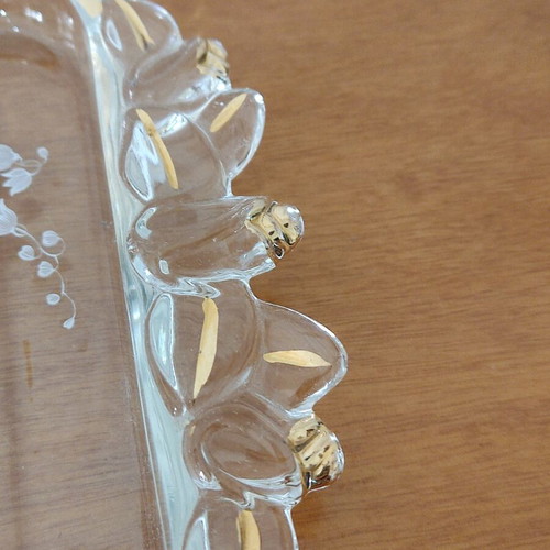 Glass serving platter used with gold handles and painted flowers
