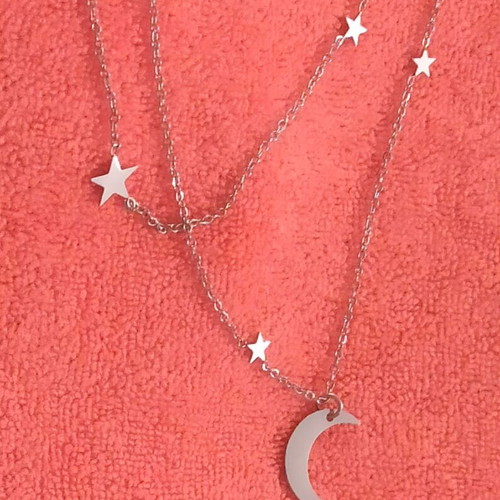 Steel necklace new with double chain and crescent moon detail
