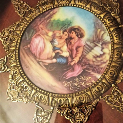 Handmade 1930s style table like new with porcelain plate and bronze decorations