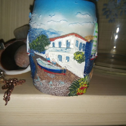 Ceramic toothpick holder new with embossed summer scenes