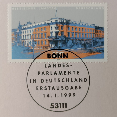 German 1999 stamp with Bonn first day cover, unsealed block