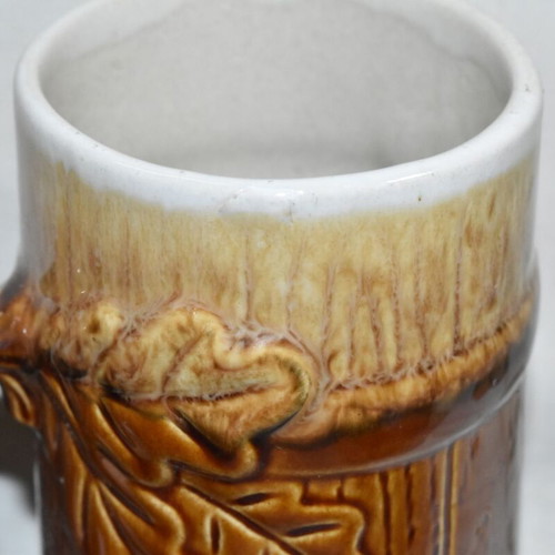 Set of 2 vintage ceramic beer mugs used with rustic wood and leaf design