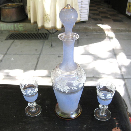 Liqueur decanter with two glasses used, handmade vintage set