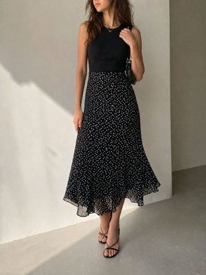 Free midi chiffon skirt with polka dot print, like new, size 2
