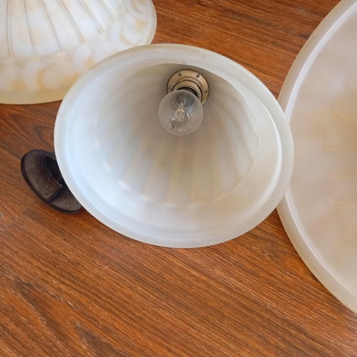Vintage single pendant ceiling lights used with ribbed glass and bronze suspension