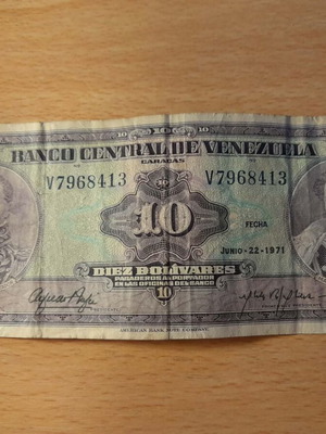 10 Bolívares banknote used from Venezuela 1971 rare
