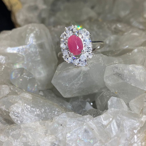 Silver ring with natural ruby and moissanite, new
