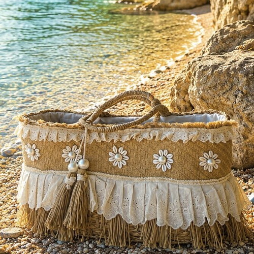 Alex Max boho summer straw bag with lace and pearl details used