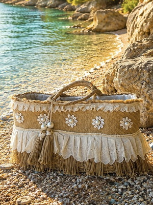 Alex Max boho summer straw bag with lace and pearl details used