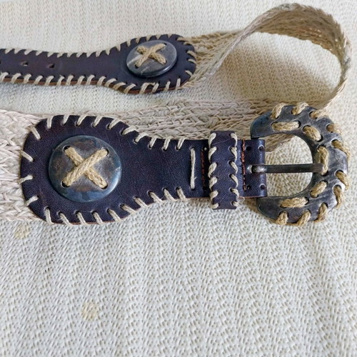 Vintage Dirndl Belt like new, woven jute and dark leather with decorative buckle