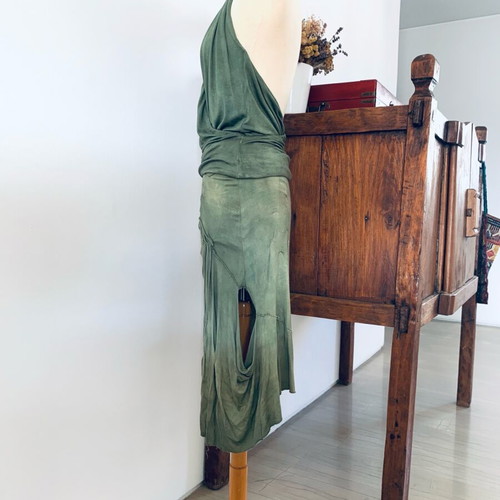Dyens + Fotinaki handmade green set with asymmetrical skirt