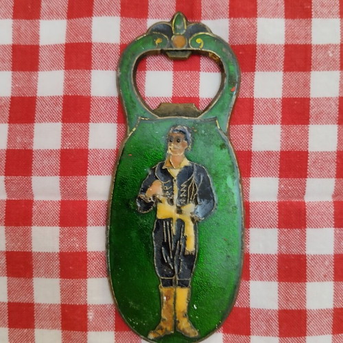 Vintage Greek Bottle Opener used, brass and enamel with Cretan costumes