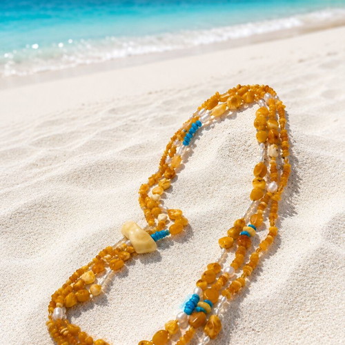 Handmade Amber Necklace with Turquoise and Pearls