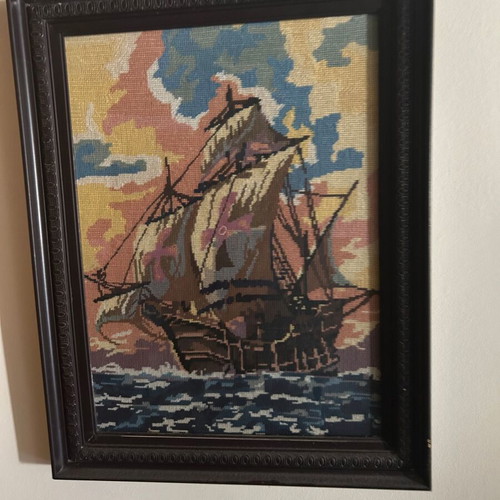 Vintage Handmade Gobelin Embroidery Sailboat in Wooden Frame