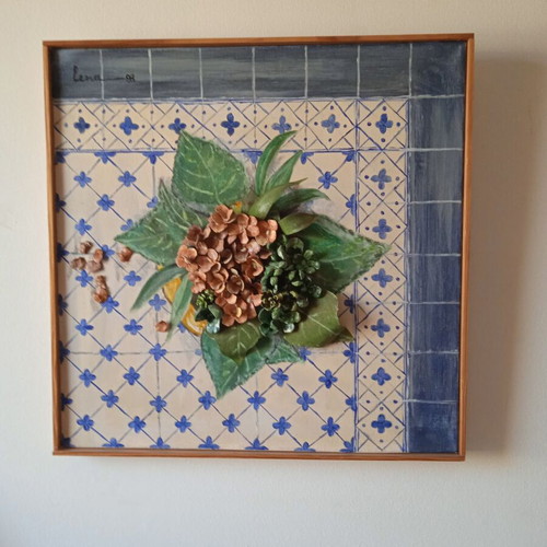 3D painting on canvas with acrylics and embossed pinecone flowers, 50x50 cm