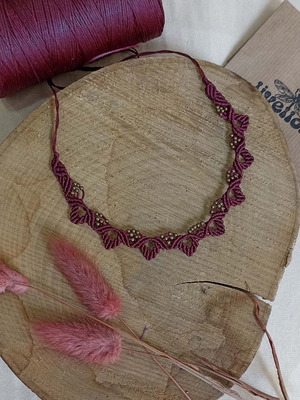 Macrame burgundy necklace with bronze beads and adjustable length