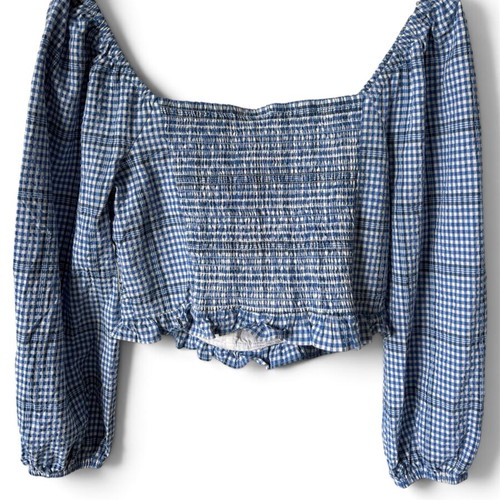Forever New Blue Gingham Crop Top Blouse, Size S/M