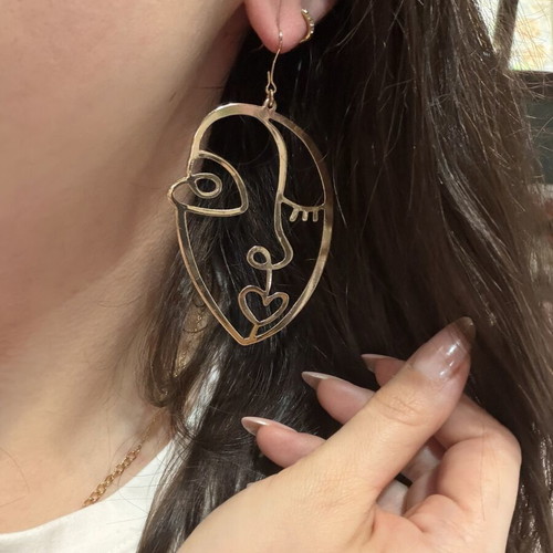 Stainless Steel Earrings with Female Face New, Gold Color