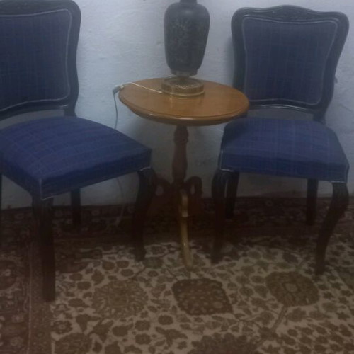 Classic wooden chairs set of 2 like new with blue plaid upholstery