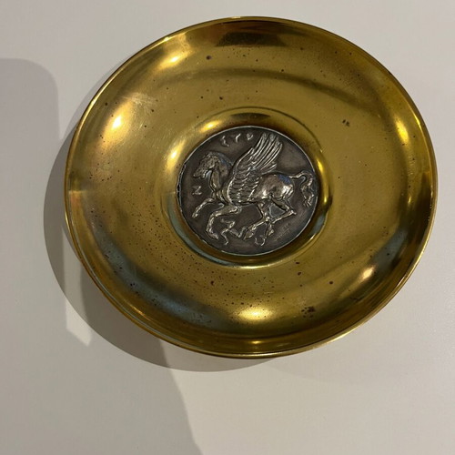 Decorative brass plate with silver Pegasus inlay used