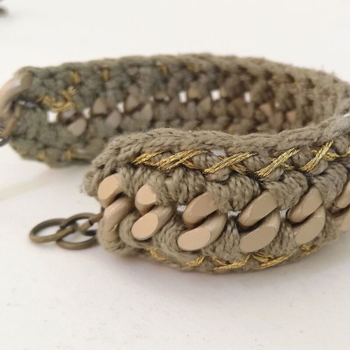 Handmade bracelet with olive green cotton crochet and gold color steel