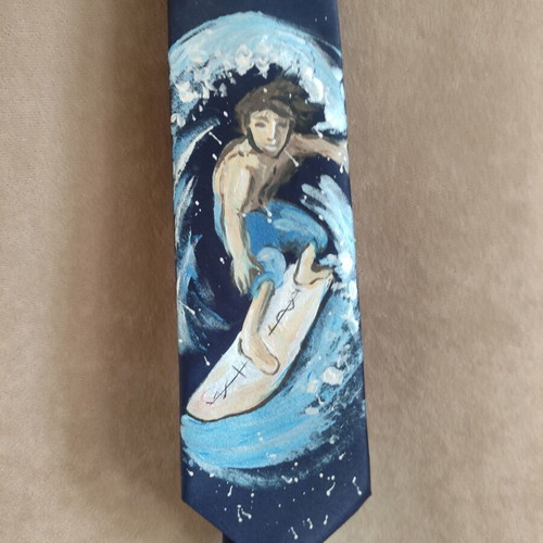 Tie new, hand-painted blue with surfer design