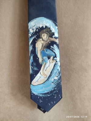Tie new, hand-painted blue with surfer design
