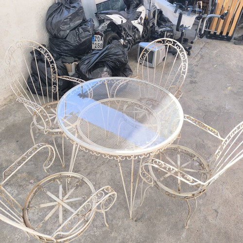 Fer Forje Set with Sofa used, 4 Chairs with Cushions, 1 Table, 1 Two-Seater Sofa