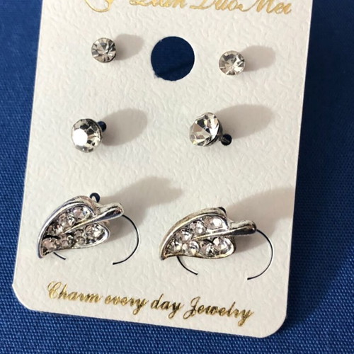 Silver Tone Rhinestone Stud and Leaf Earring Set new fashion jewelry