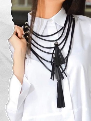 Leather necklace three-row new with black tassels and silver details