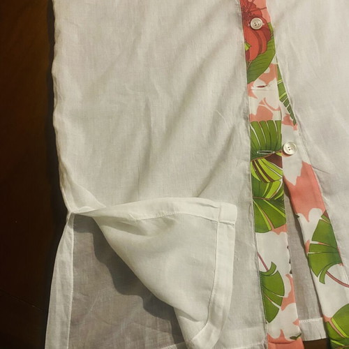 White semi-sheer shirt with floral trim, beachwear