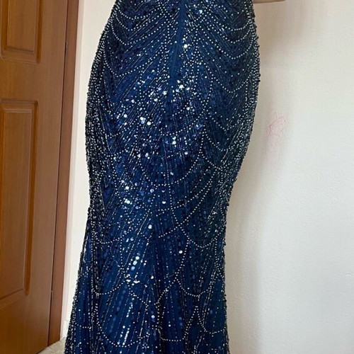 Maxi evening dress navy blue with sequins and beads like new, size M