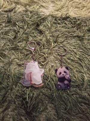 2D Panda and Cat Keychains set like new, colorful, 2 pcs