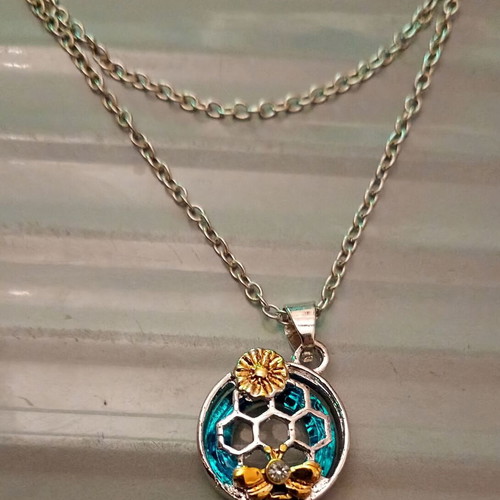 Necklace with Bee, Honeycomb and Flower Pendant, New
