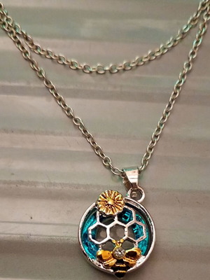 Necklace with Bee, Honeycomb and Flower Pendant, New