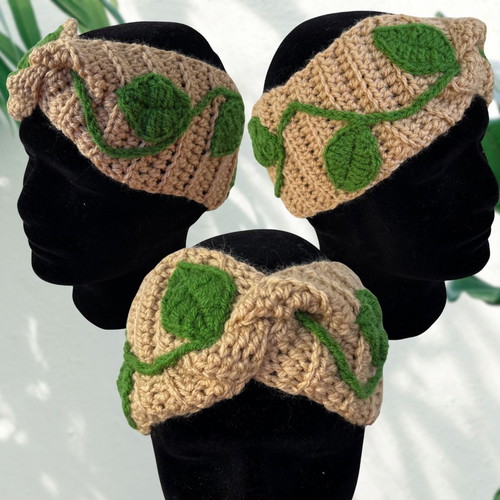 Forest Fairy handmade warm ear warmer headband new, beige with green leaves