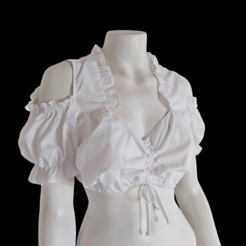 Vintage Dirndl white blouse with off-shoulder and puff short sleeves, size 44