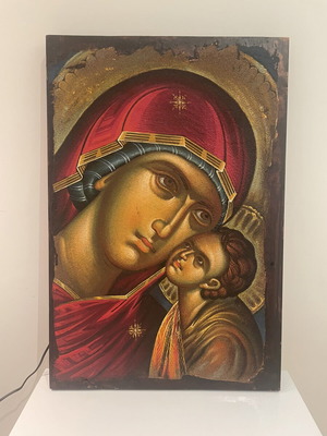 Βυζαντινή εικόνα Παναγία Γλυκοφιλούσα σε παλαιωμένο συμπαγές ξύλο, 71x45 εκ.