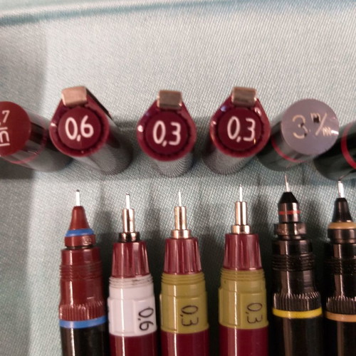Rotring isographs and rapidographs used, pack of 8 with ink and lubricant