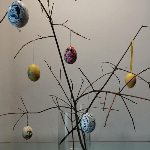 Collection of six used handmade eggs with painting and carvings