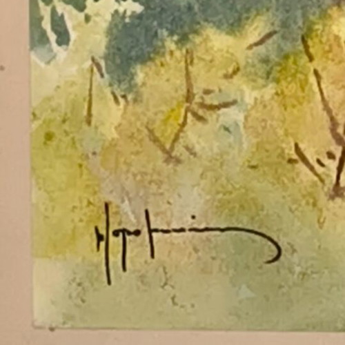 Handmade landscape watercolor with gold frame 60×45 cm used