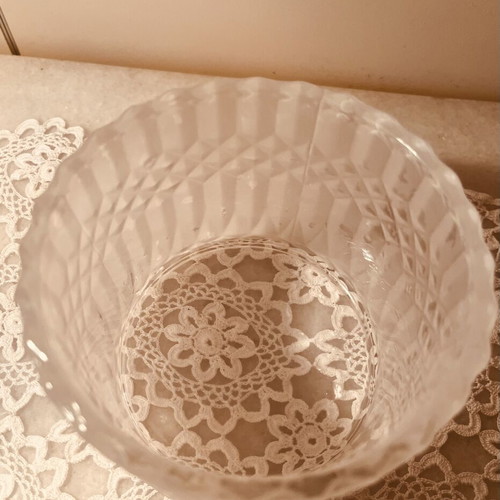 Frosted glass jar with diamond pattern and scalloped rim