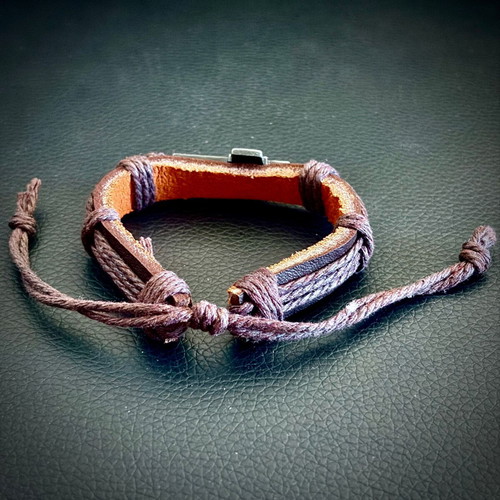 Genuine Brown Leather Cross Bracelet, M FORGE