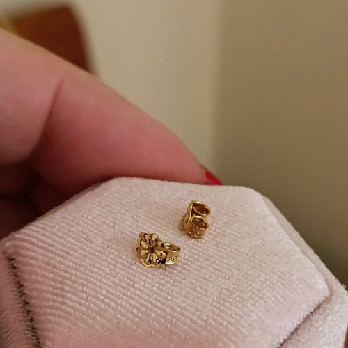 Gold children's earrings 375 with enamel and zircon new, pink and gold