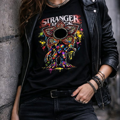 Stranger Things Inspired Neon Demogorgon T-shirt made to order, Black
